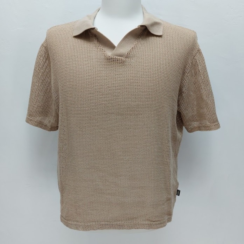 WeSC Johnny Collar Mesh Pullover Men's Small Tan Short Sleeve Knit Shirt Crochet